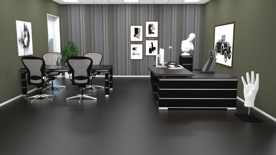 På bildet ser man et mørkegrått gummigulv på et kontor, med et møtebord og fire stole.