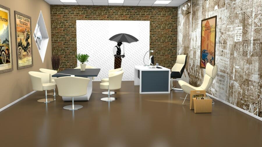 På bildet ser man et brun gummigulv på et kontor og i bakgrunnen er der en mann med en paraply.